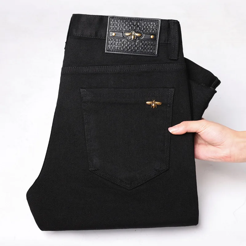 Pure black jeans for men, simple, fashionable, light luxury, trendy, stretchy, slim fit, high-end, versatile denim long pants