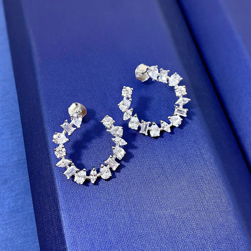 Authentic Real Pawnable 925 Sterling Silver Stud Earrings Circle Shape Similar Diamond Moissanite