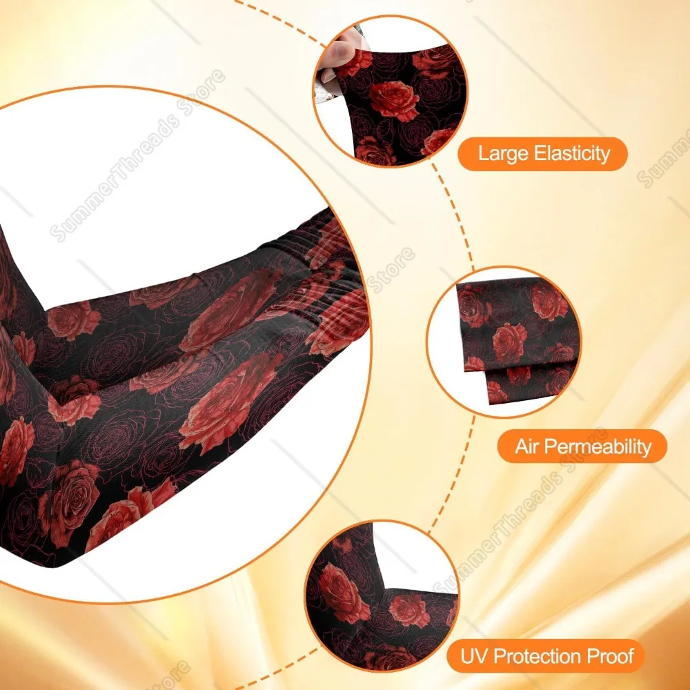 Cubierta de brazo refrescante con flor de rosa roja para hombres y mujeres - Mangas de brazo con protección solar ultravioleta para conducir con el dedo