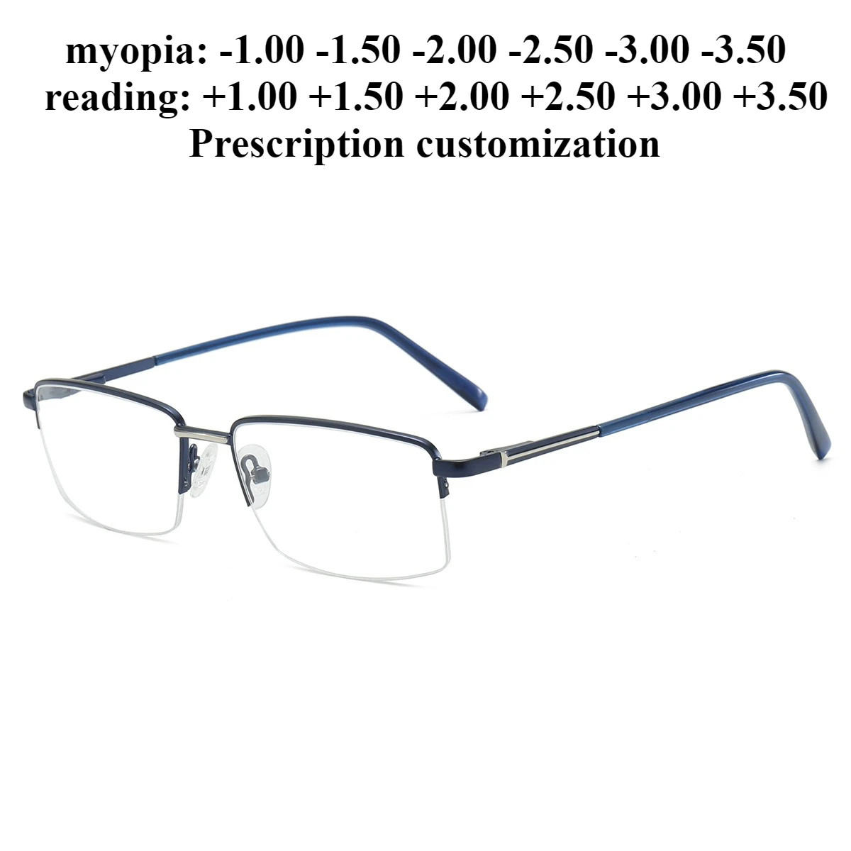

56mm-139mm business men's metal half-frame rectangular anti-blue light reading glasses with degree myopia glasses frame