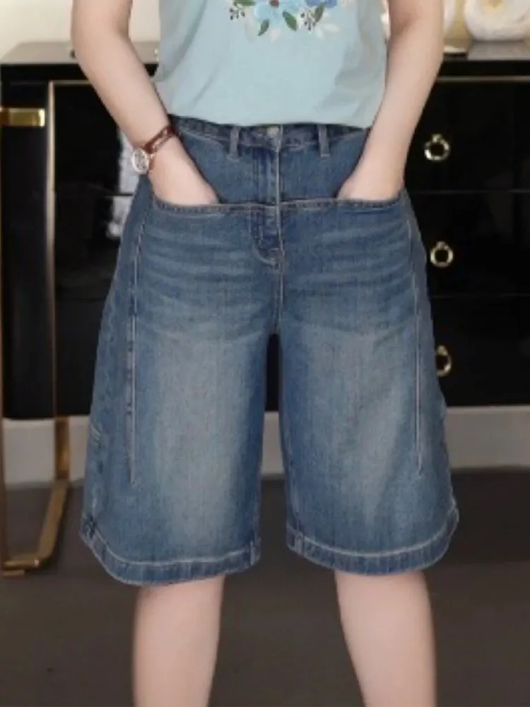 

High Waist Straight Leg Five Inch Shorts Women's Denim Jeans Loose Fit Summer Casual Wear Resistant Medium Washed Pure Color