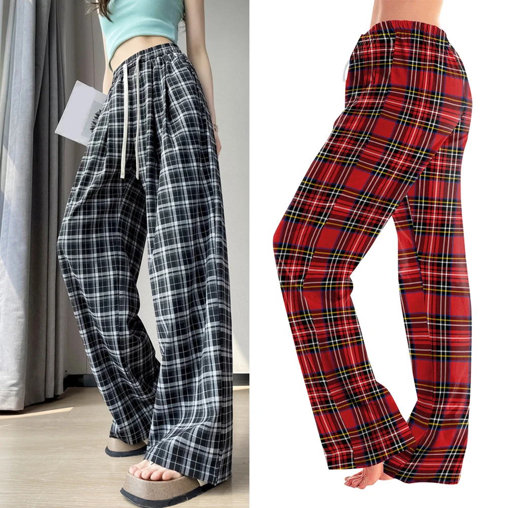 

Women's Wide leg Jeans Casual Sport Running Trousers Belt Checkered Christmas Elastic Waist Long Pants Loose Ankle-Length Pants