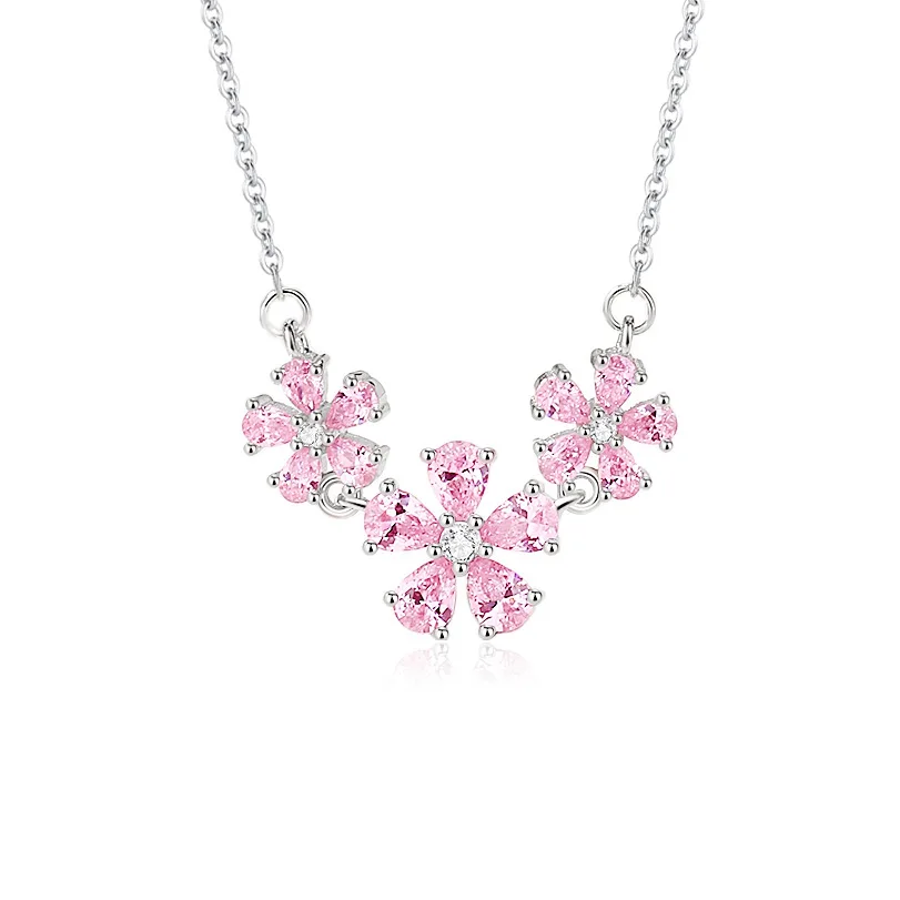 

S925 Silver with Pink Diamond Female Original Design Three Small Peach Blossom Necklace Flower Clavicle Chain for Gifts