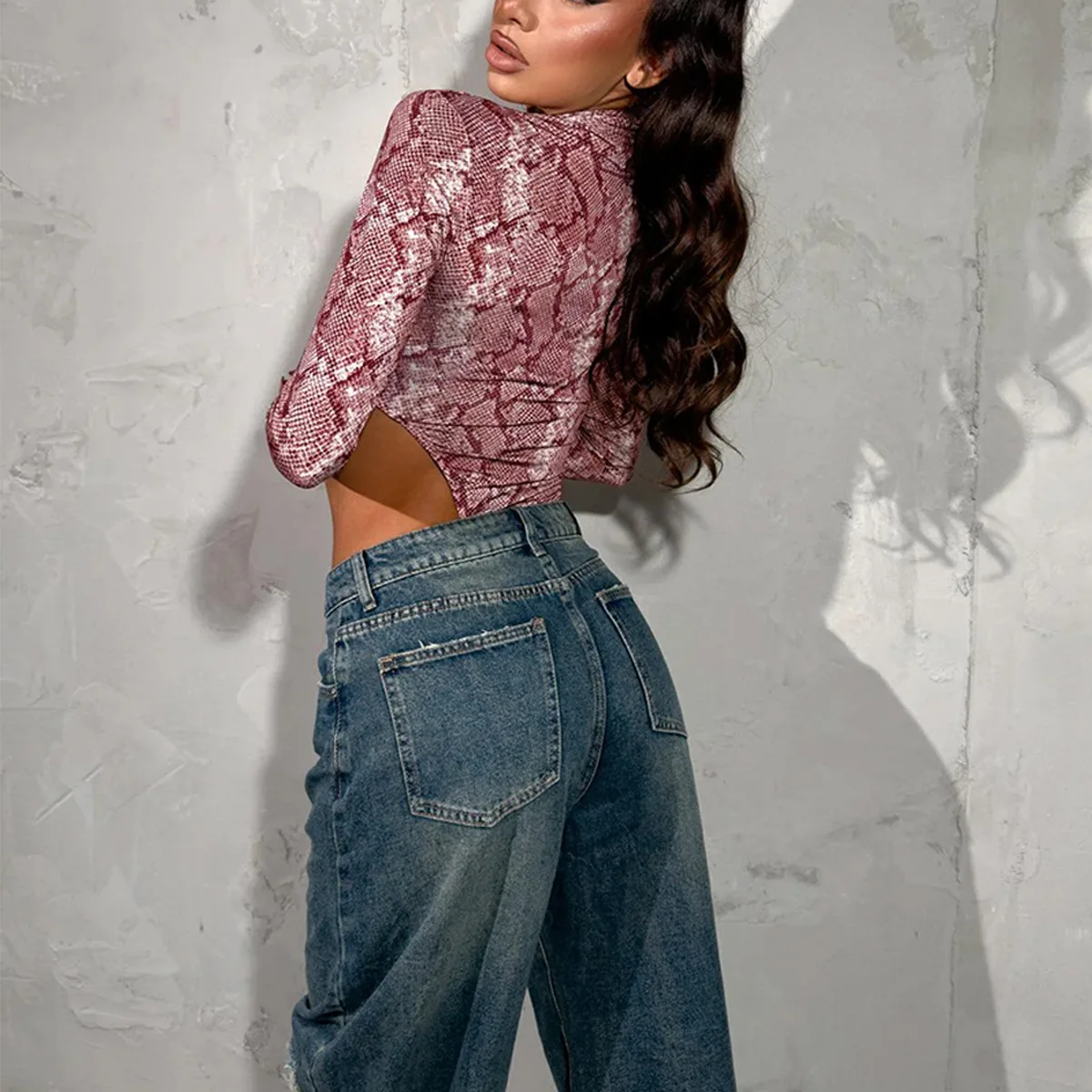 long sleeve bodysuit women clothes autumn snake skin print bodycon onesie sexy streetwear high waist jumpsuit vintage rompers