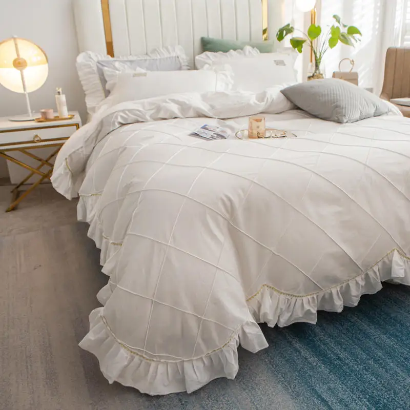 Solid Color Bedding Sets Luxury Hand-made Pleat Duvet Cover 100% Cotton White Princess Ruffles Bedspread Bed Skirt Pillowcases