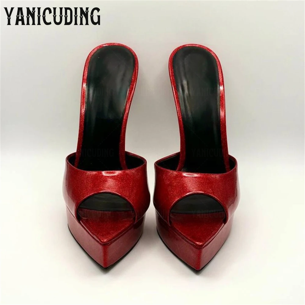 Sexy Pointed Peep Toe Platform Mules Multicolor Leather Slip-On Stiletto Slippers Elegant Designer Style Handmade Summer Heels