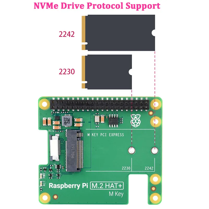 공식 Raspberry Pi 5 M.2 HAT + Gen2 Gen3 NVME M.2 SSD 2230/2242 사이즈 M 키 PCI Express GPIO 확장 보드, RPI5 Pi5 용