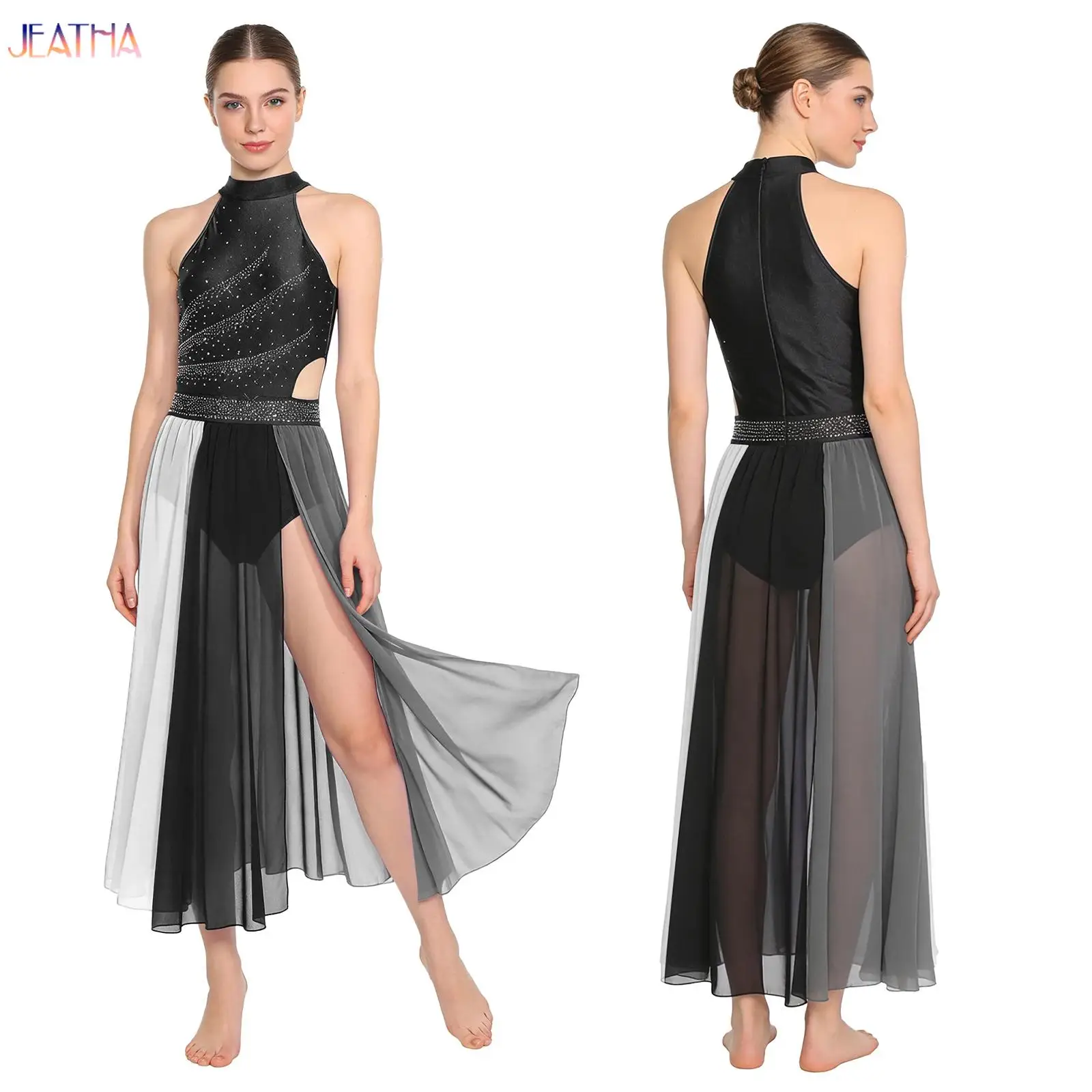 

Женское балетное платье-леотард для танцев, лирическое, со стразами, для бальных танцев, вальса, с прозрачной сеткой, для современных сценических выступлений