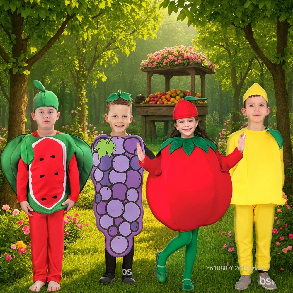 

Enfant Fun Fruit Party Cosplay Grape Watermelon Costumes Niño Niñas Tomato Lemon Funny Stage Outfits Halloween Carnival Dress Up