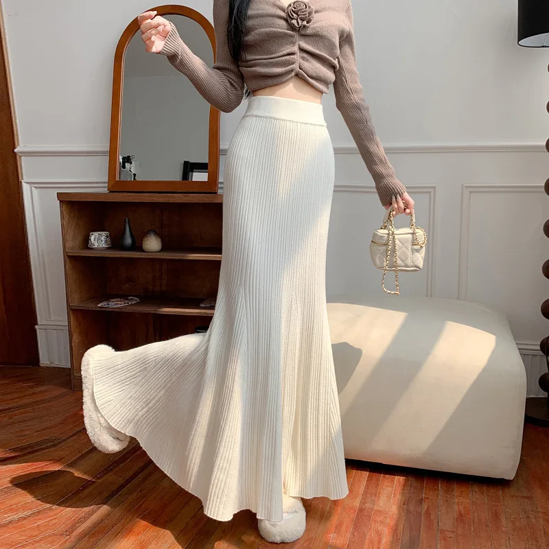 Bodycon Knitted Skirt For Women Autumn Winter 2026 Slim Fit Mermaid Long Skirt Ribbed High Waist Thickened A-line Midi Skirts