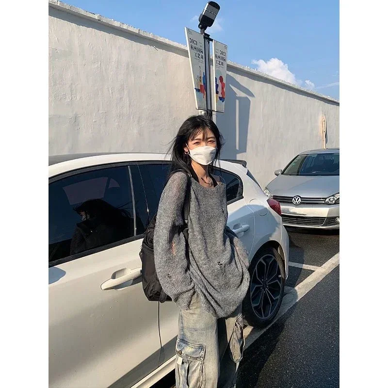 البلوفرات الملابس النسائية ثقب الجوف خارج الحياكة البلوز سحب فام Y2k الملابس الكورية عادية رقيقة متماسكة سترة القمم #5