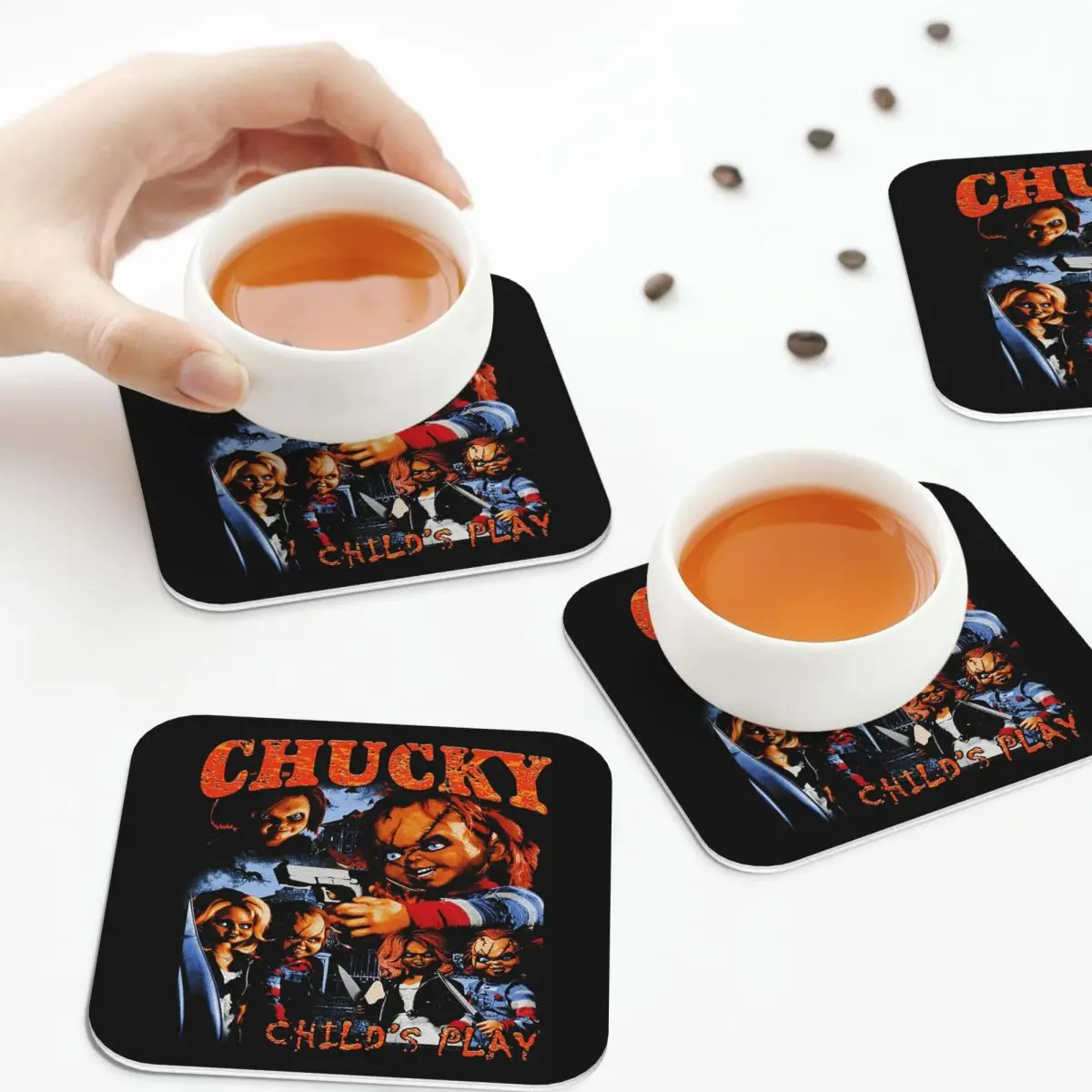 Chucky Child's Play Coasters Kitchen Placemats Waterproof Insulation Cup Coffee Mats For Decor Home Tableware Pads Set of 4