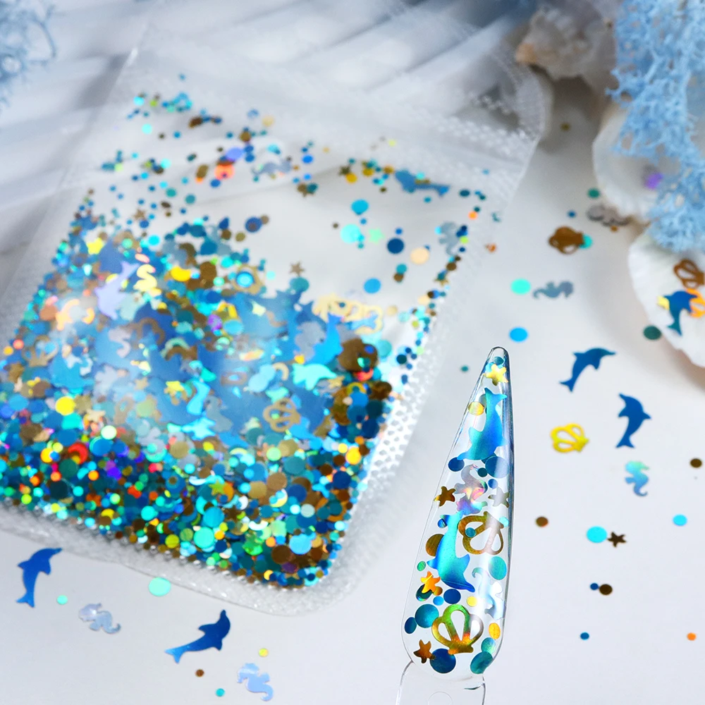 Décorations d'ongles holographiques en forme d'étoiles de mer, paillettes, coquillages, flocons brillants, breloques pour ongles, fournitures DIY pour ongles sur le thème de l'océan
