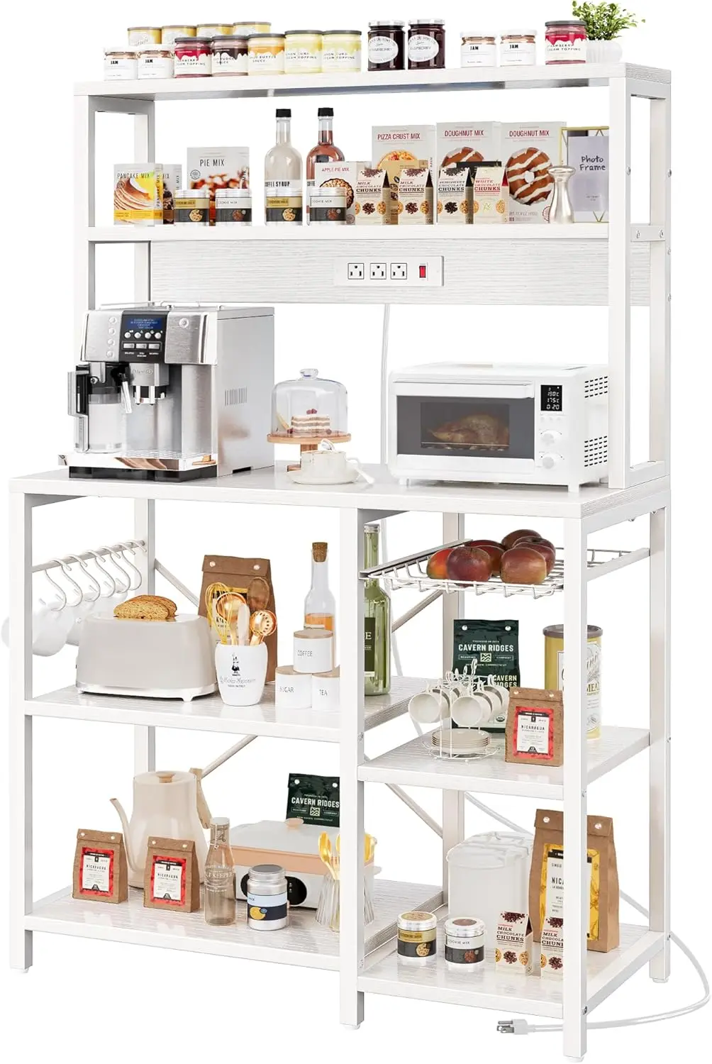 

Bakers Rack with Power Outlet, 35.4 Inches Coffee Bar with Wire Basket, Kitchen Microwave Stand