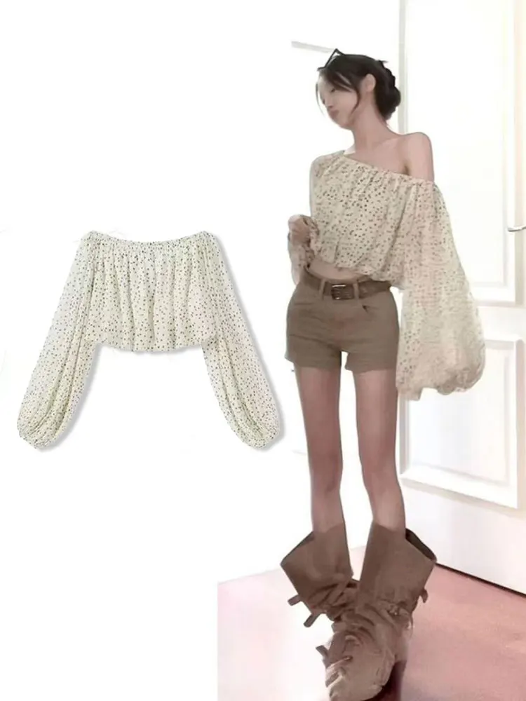 Polka Dot Off Shoulder  Top Women Sexy Long Sleeve Puff Cropped Chiffon Blouse Lady Elegant Loose Casual Baggy Shirt Chic New