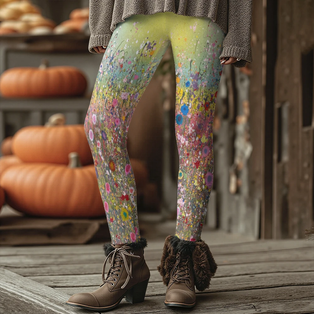 الملونة تتفتح الزهور نمط المرأة طماق الخريف الشتاء الدافئة الأزياء الجوارب أنيق في الهواء الطلق نظرة أزياء الشارع الشهير #5