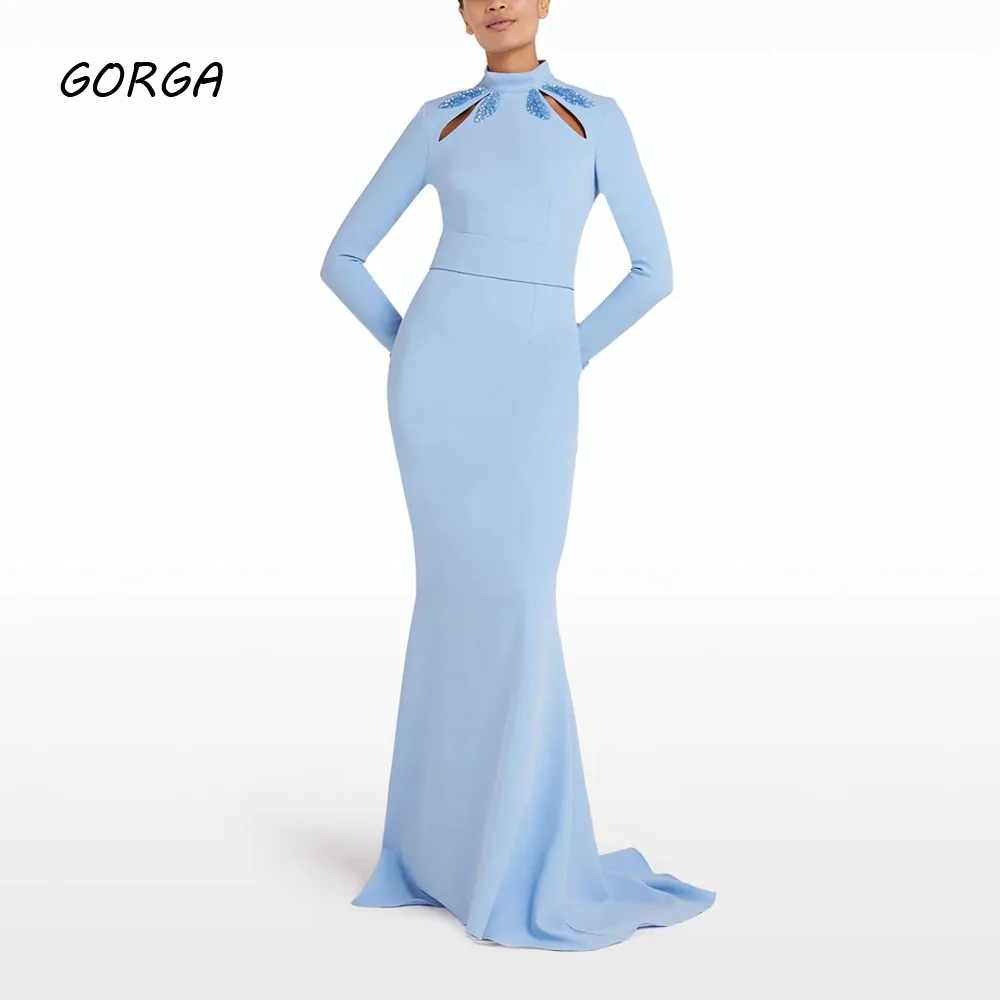 

GORGA Blue High Neck Beading Mermaid 2024 Slim Crepe Long Sleeve Ocassion Gown Floor-Length Formal Evening Dress