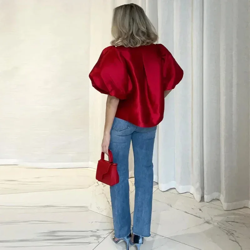 Elegante Damen-Satinbluse mit O-Ausschnitt, Puffärmeln, Schnallenverschluss, einfarbig, locker geschnitten, vielseitig kombinierbar, Party-Mode-Oberteil, Sommer 2026 – Detail 14