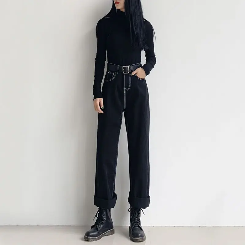 

Black Straight Harem Women Jeans Spring Autumn New Preppy Style Youth Bright Line Decoration Loose High Waist Casual Pants 2024