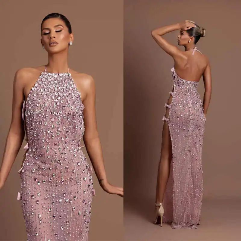 Vestidos de noche de cristal para graduación, estilo sirena, manga larga, con cuello halter, cuentas y encaje, sin espalda, hasta el suelo, Vestido De Noite, personalizado