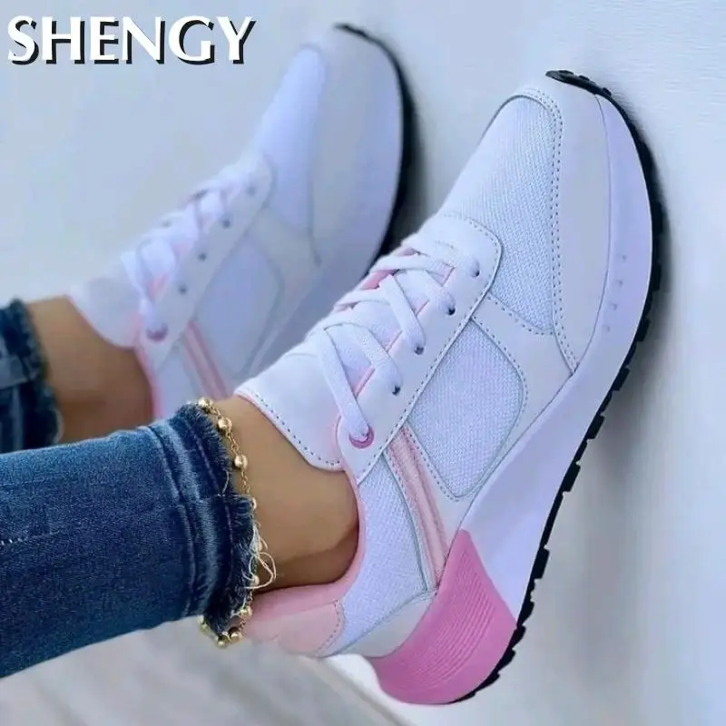 2023 New Women Sneakers Mesh Breathable Wedges Sports Shoes Fashion Mixed Colors Lace-Up Casual Lady Vulcanized Shoes Zapatillas