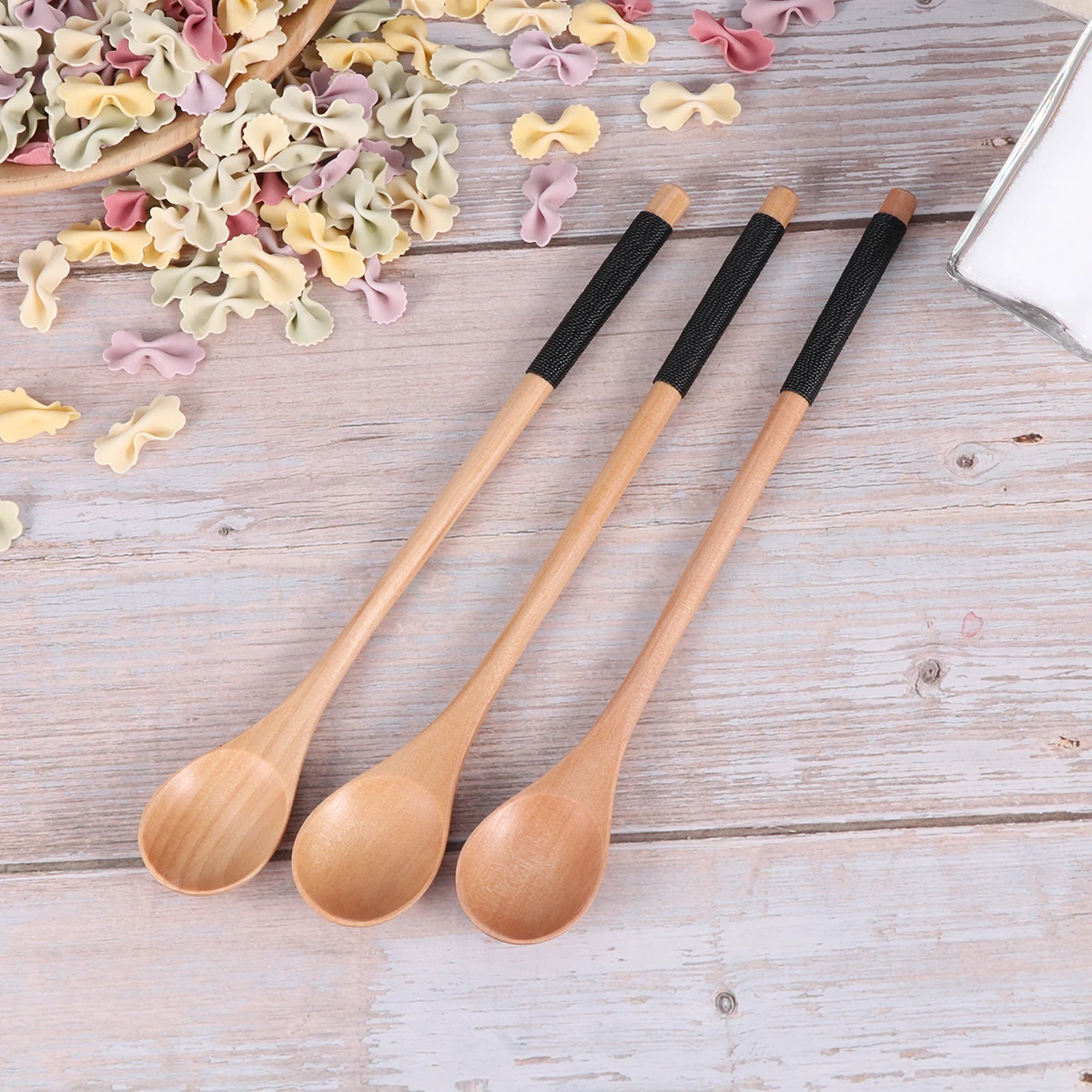 

5Pcs Wooden Spoons with Tied Thread Natural Long Handle Stirring Spoon for Honey Dessert Soup Rice Reusable Ecofriendly