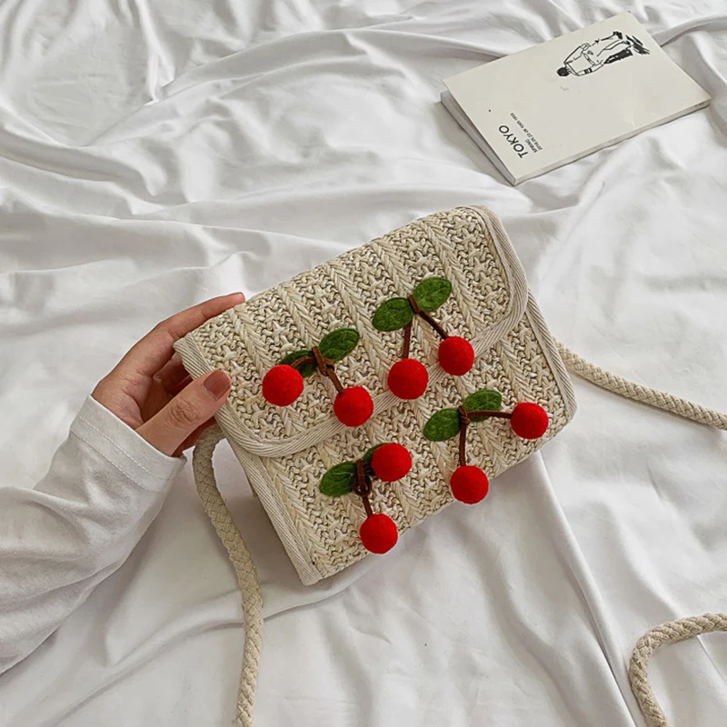 

Small Square Crossbody Shoulder Bag Women Woven Cherry Beach Bag For Ladies Rattan Handmade Knitted Straw Handbag Messenger Bag