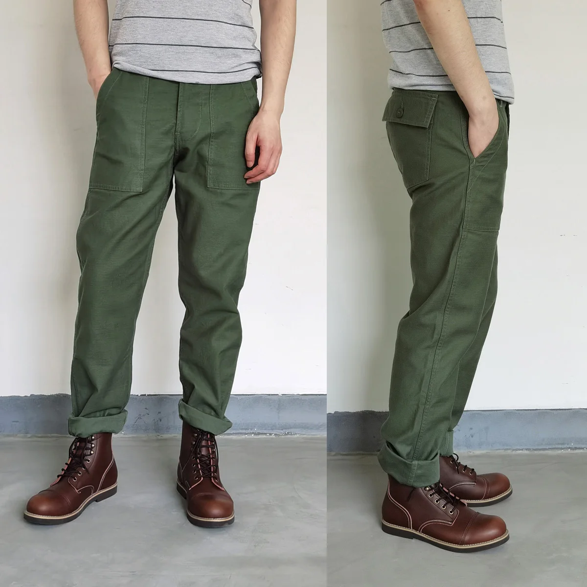 

Retro Military Sle Casual Pants Straight Leg Workwear Cotton Pure Olive een 320g Youth Everyday Comfortable Trousers