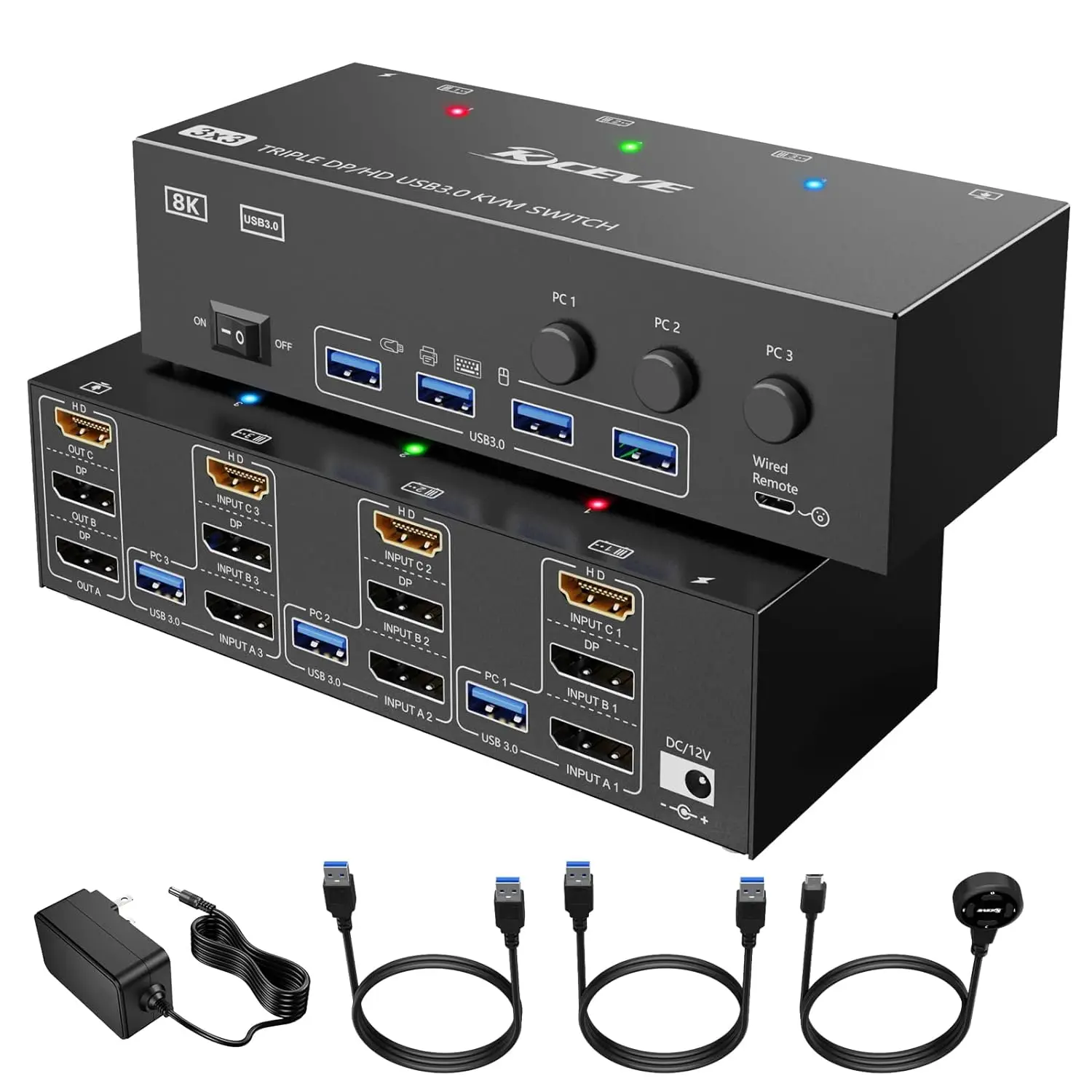 KCEVE KVM Switch 3 Computers 3 Monitors  HDMI + DisplayPort USB 3.0 KVM Switcher 8K@30Hz/4k@144Hz Triple Monitor DP KVM for 3 PC