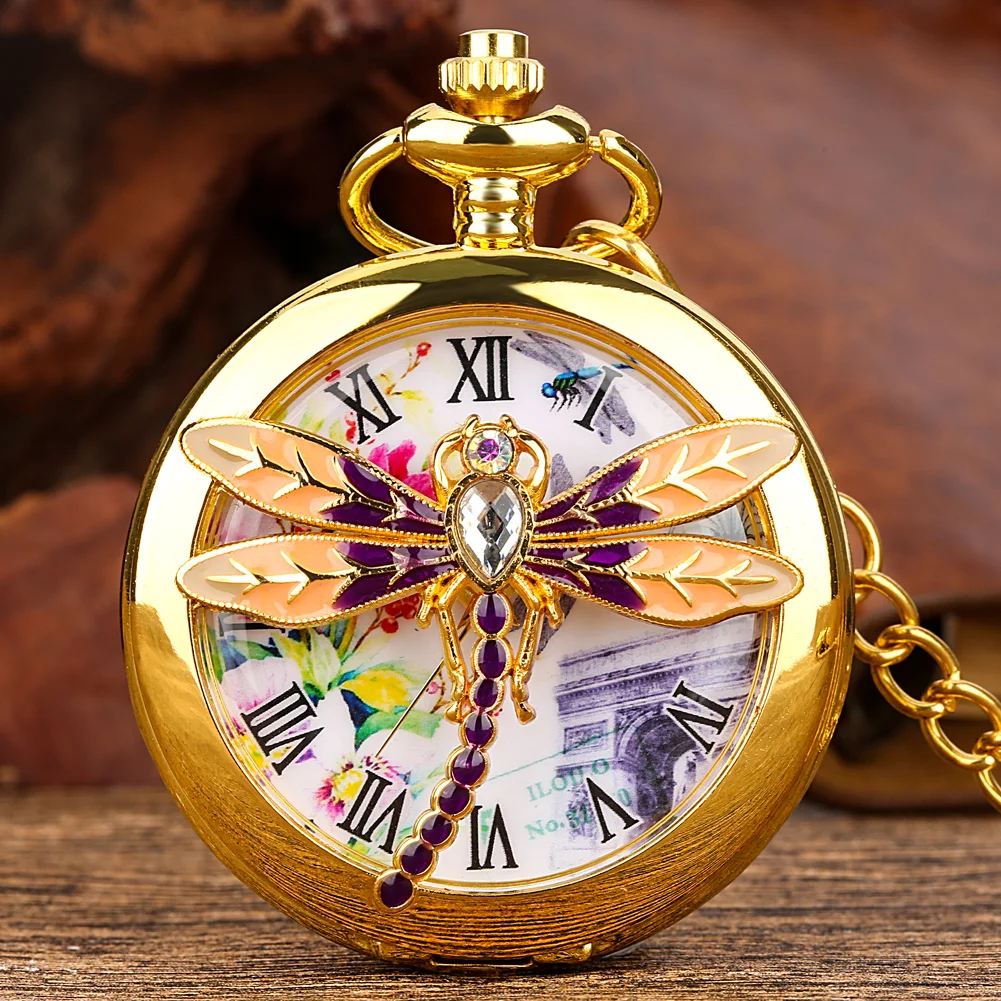 

Charm Gold/Bronze Dragonfly/Butterfly Half Cover Quartz Pocket Watch Men Women Elegant Fob Chain Necklace Pendant Pocket Watch