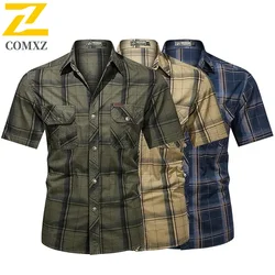 Men Lapel Shirt Plaid Printing Summer Short-sleeve Fashion unload Tops Casual Streetwear Male Work Shirts Army Green S-5XL