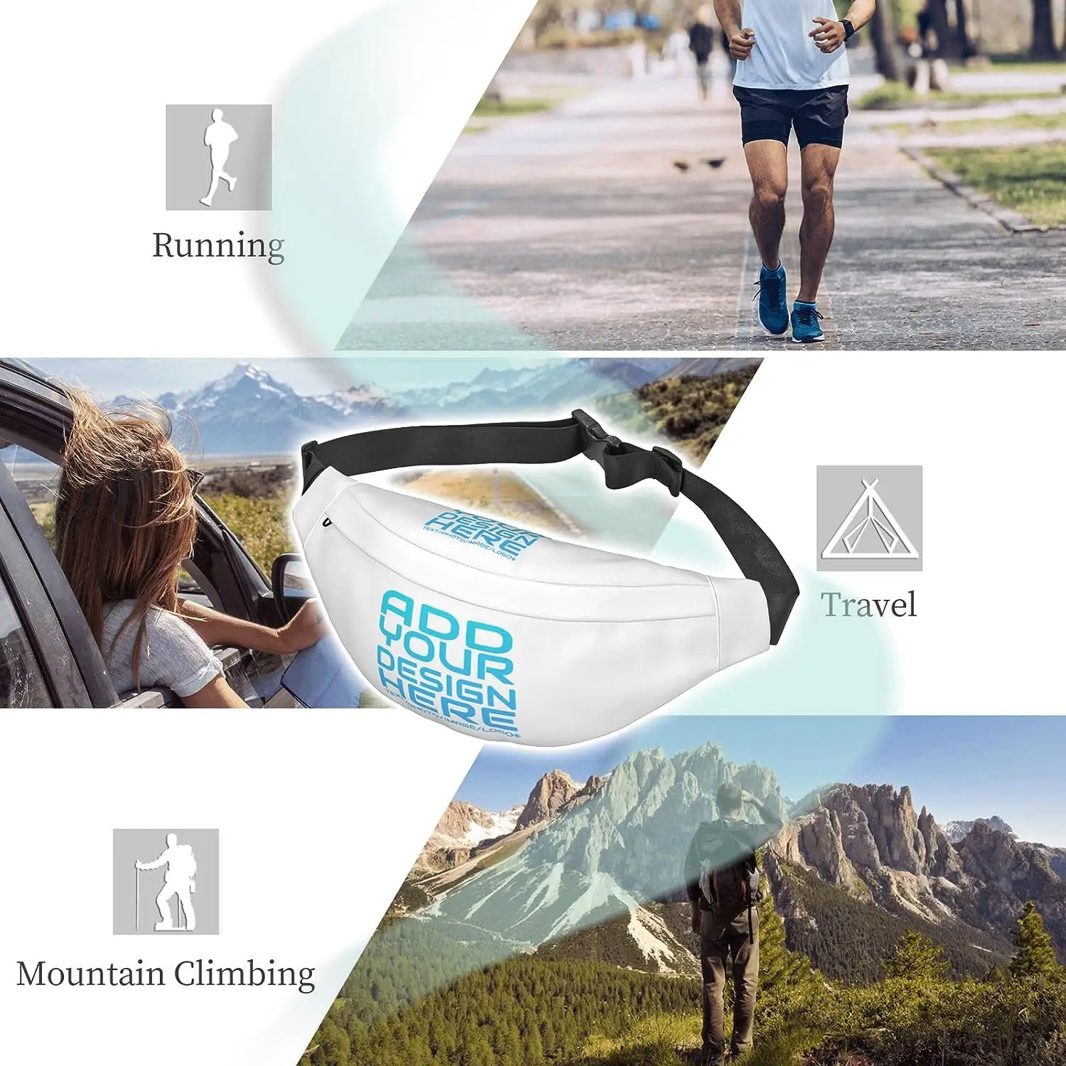 Saco de cintura ajustável personalizado, Pacote de cinto com o texto do logotipo da imagem, Pacote de Fanny durável para o exterior, viagens, caminhadas, esportes