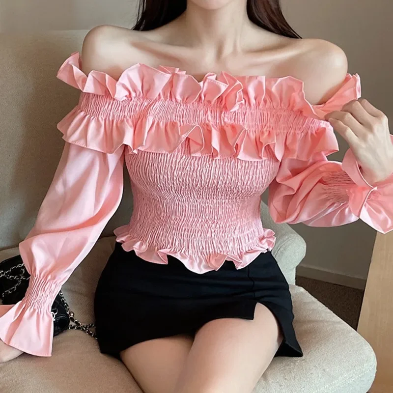 

Temperament New Arrivals Design Spring Summer Women's Clothing Solid Color Design Sense Sweet Lotus Leaf Off-Shoulder Wooden E