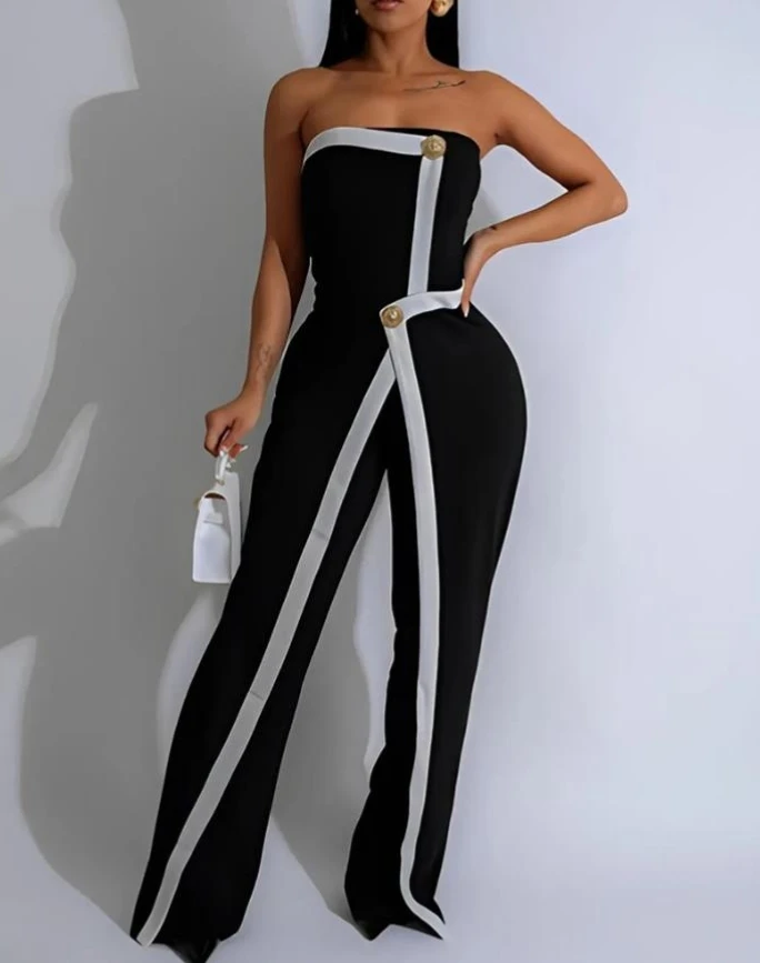 Color blocked print asymmetrical lace up sleeveless slim button decoration jumpsuit