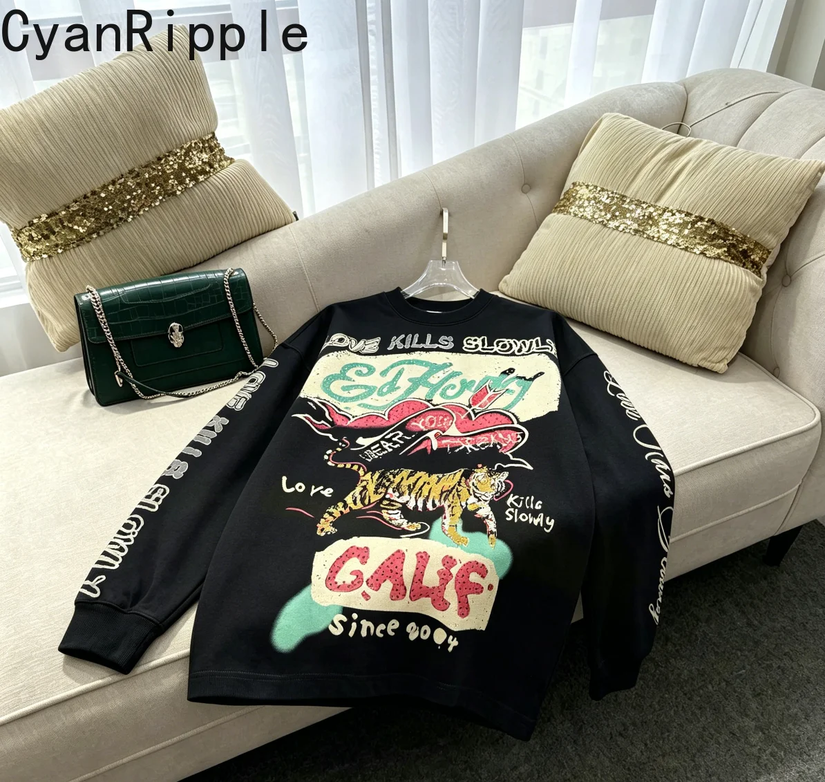 Trendy Cartoon Graffiti Hot Diamonds Printed Long Sleeve T-shirt American Round Neck Mid-long Pullover Top Cotton Basic Tees