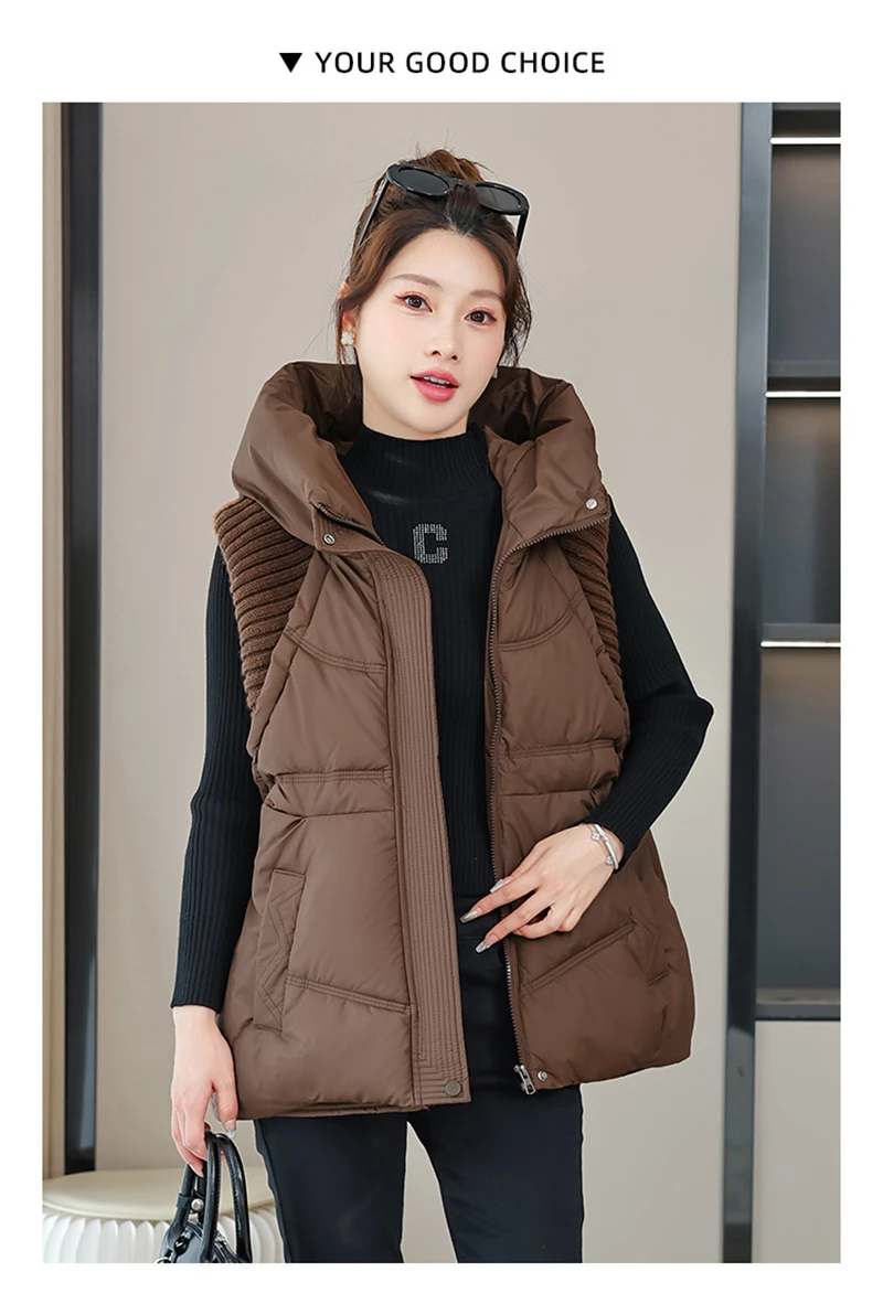 A-word Vest Down Cotton Padded Jackets Short Waistcoat Mid-Length Slim Hooded Autumn Winter Jackets Solid Women's Coats Trend