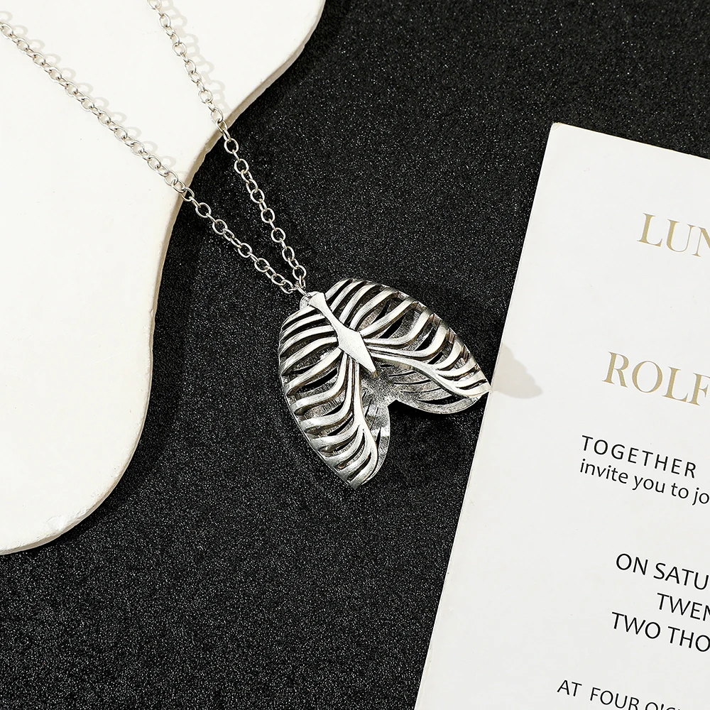 Retro Gothic Rib Cage Skeleton Heart Pendant Necklace