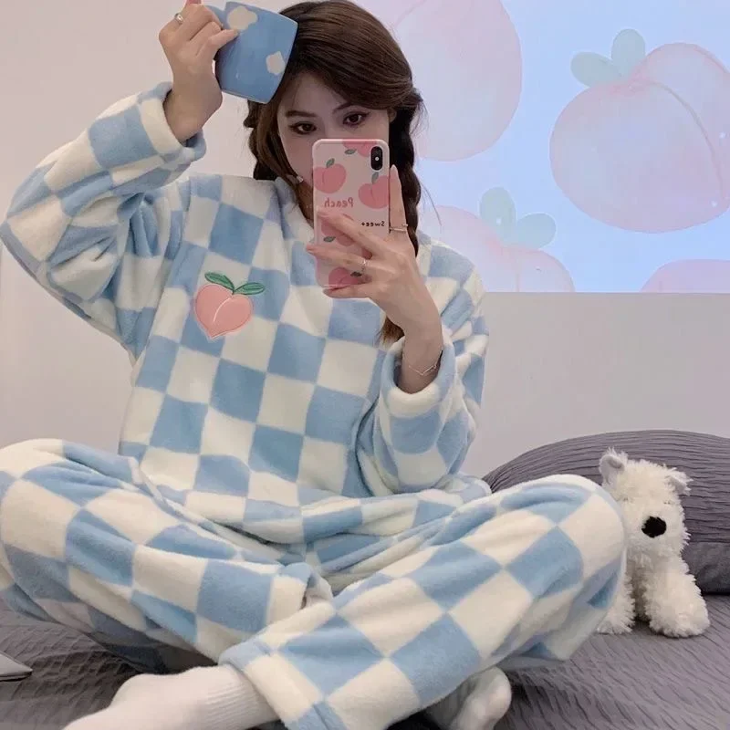 Flannel Set Pajamas Warmth Korean Style Women\'s Flannel Fleece-lined Thickened Sleepwear Cartoon Pajama Set for Autumn Winter