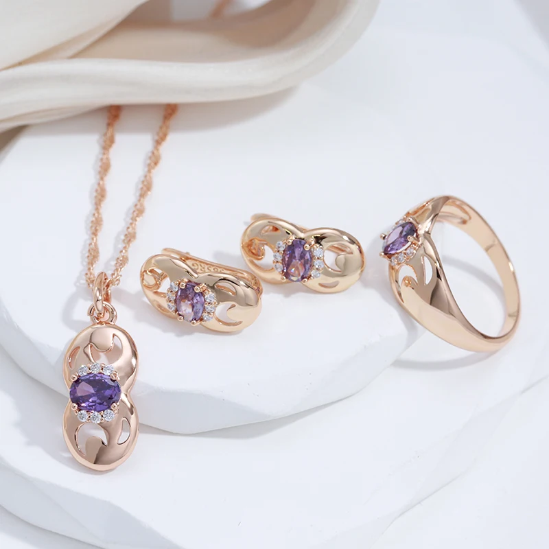 SYOUJYO Luxury Purple Oval Natural Zircon Rings For Women 585 Rose Gold Color Bridal Wedding Fine Jewelry Trendy Rings Gift