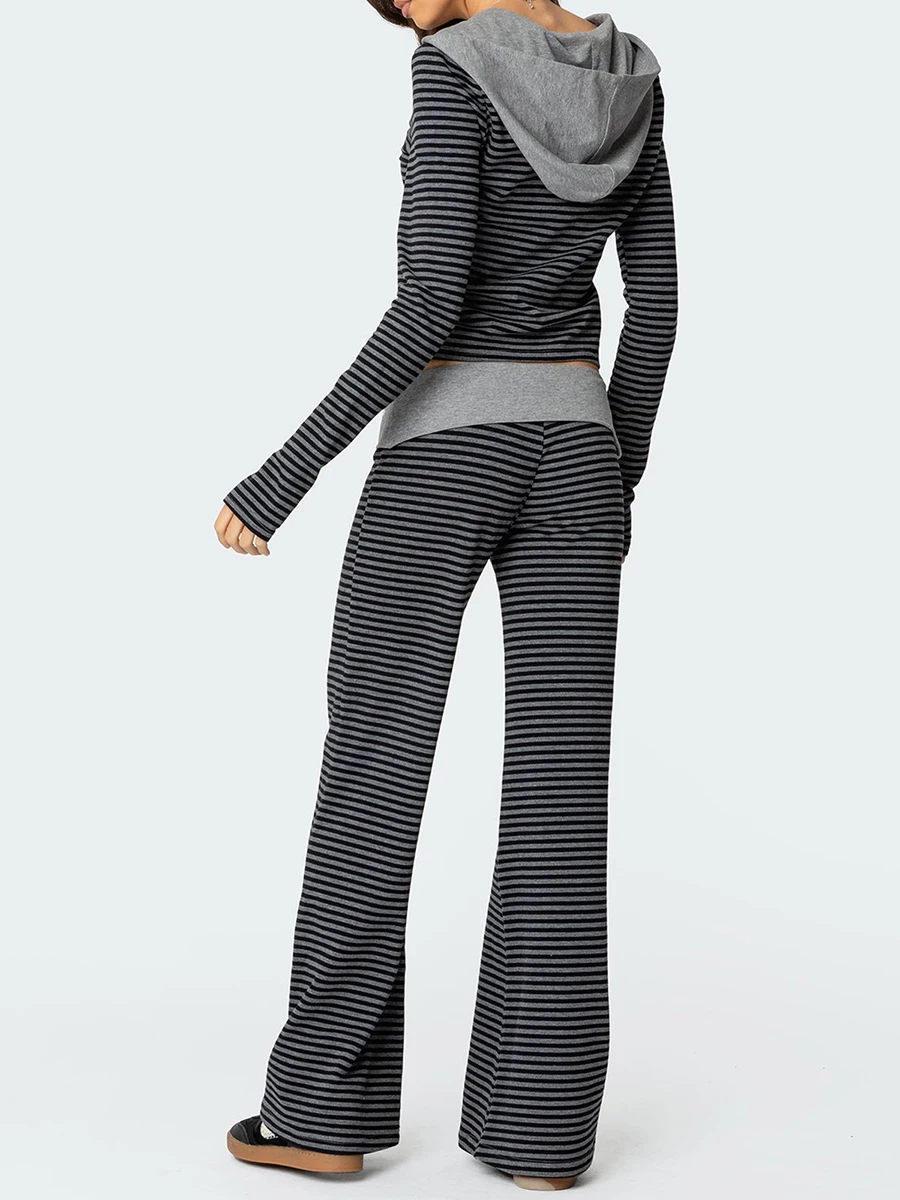 

Women s 2 Piece Stylish Outfits Long Sleeve Hooded Striped Tops with Zipper and Wide Leg Pants Sets for Casual Wear
