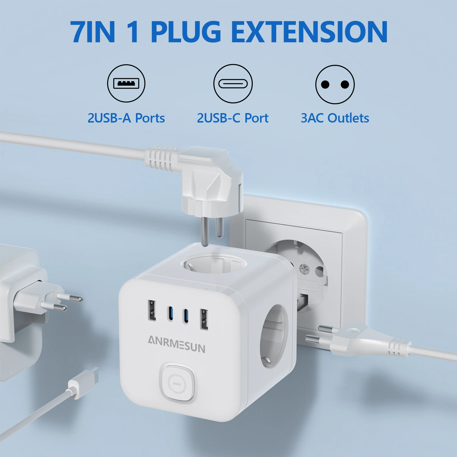 Power Strip Cube Adapter with Switch 3 Outlet 2 USB A 2 Type C Port Portable Socket Wall Socket Extender Charger On Travel 3840W