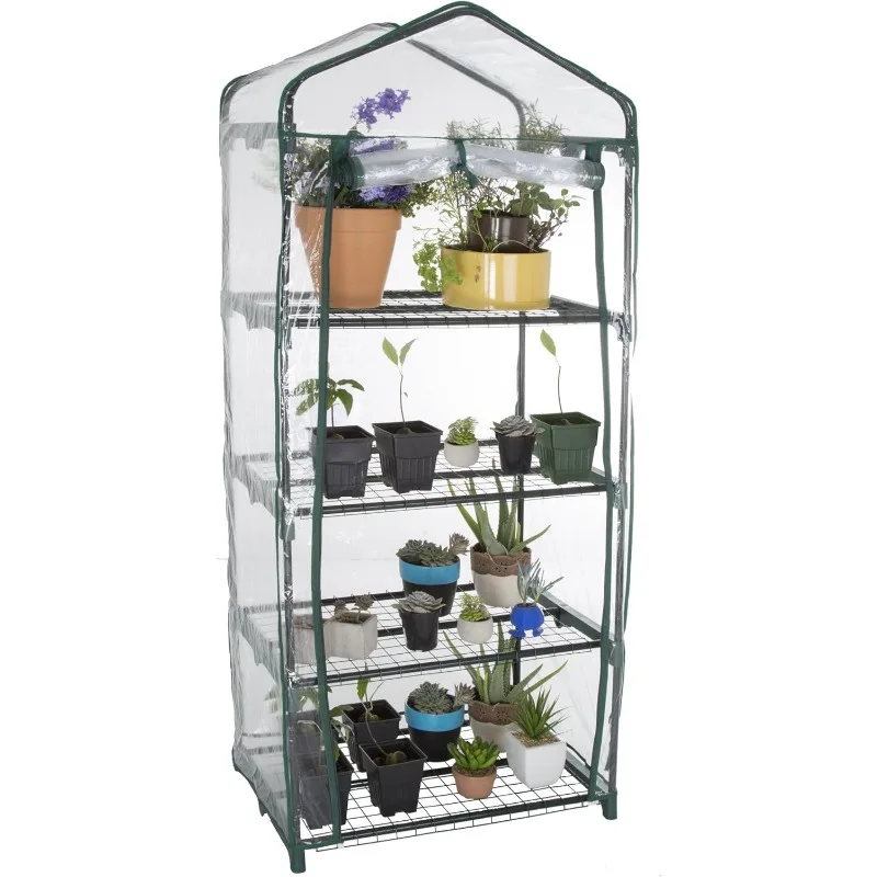 Mini serre à 4 niveaux - Serre portable avec cadre antirouille et couvercle en PVC pour intérieur/extérieur - 27,5 x 19 x 63 pouces Vert