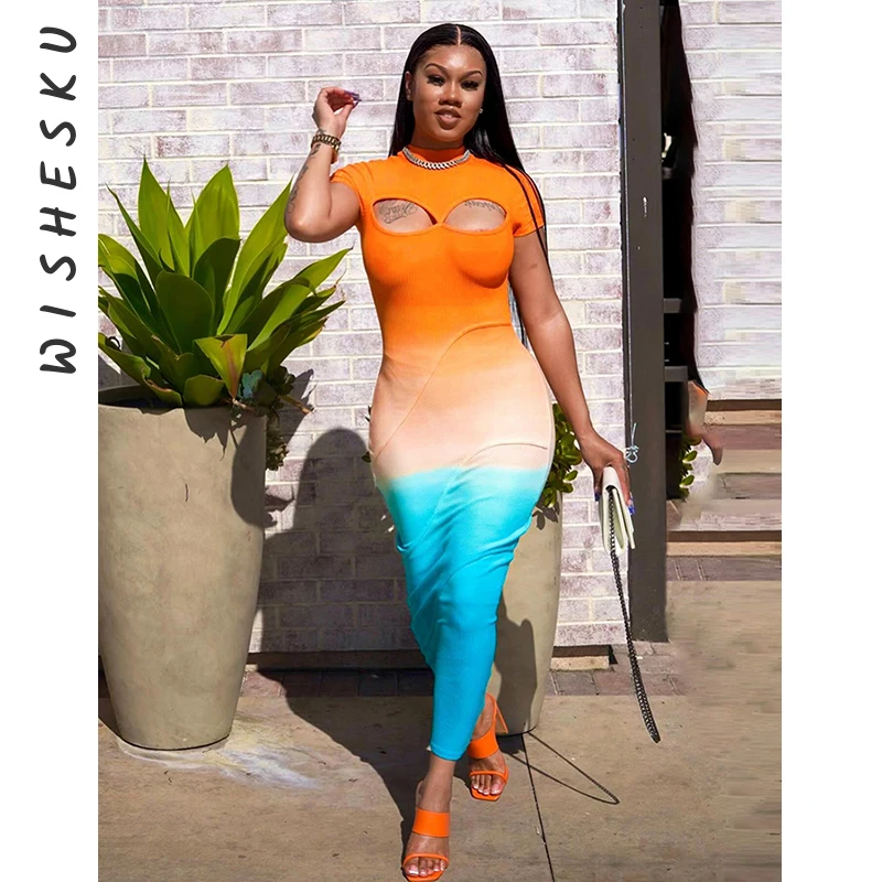 Vestido largo naranja degradado para mujer, prenda Sexy de manga corta, ajustada, a la cadera, color melocotón, ropa de playa Y2K, 2024