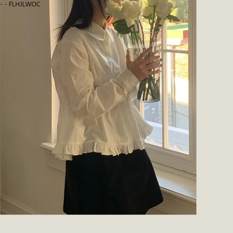 Katoen Chic Korea Leuke Peter Pan Kraag Tops Blusas Vrouwen Japan Meisjes Stijl Vintage Preppy Stijl Ruches Peplum Witte Shirts