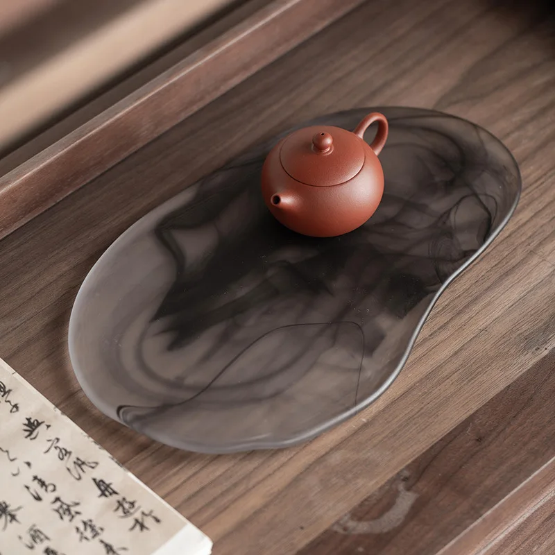 Glass ink pattern tea tray, Kung Fu tea set, small tray, pot holder, tea ceremony tea table, household, Chinese style