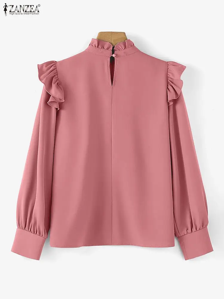 ZANZEA أنيقة مكتب سيدة بلايز تكدرت القمصان 2025 المرأة الخريف طويلة الأكمام الوقوف طوق بلوزة موضة عادية الصلبة Blusas OL