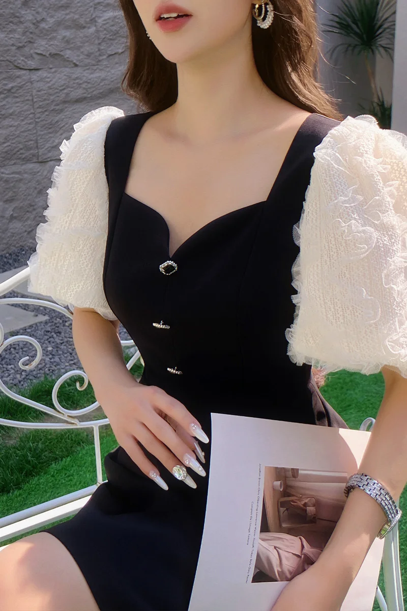 

Summer Dress Women's Dress Diamonds Sweetheart Neck Lace Puff Sleeve Knee-Length A-Line Skirt Y2K 2025 New DABUWAWA DA1BDR030