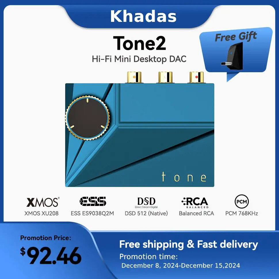 Khadas Tone2 DAC Hi-Fi Mini Desktop DAC with Balanced RCA, ES9038Q2M, DSD512(Native), PCM768, XMOS XU208, USB/S/PDIF Input