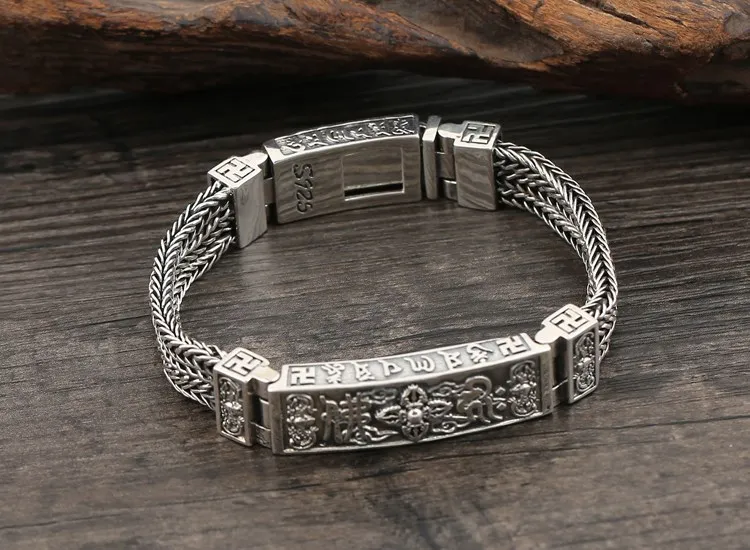 S925 Sterling Silver Vintage Personalized Thai Silver Men's Bracelet Bat Diamond Pestle Six Character True Words Dominant Men's