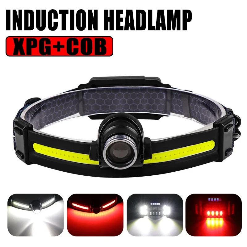 COB Induction Headlight Multi-mode Red Light Warning LED Outdoor Head Mounted Strong Light Running Headlight Camping Flashlight